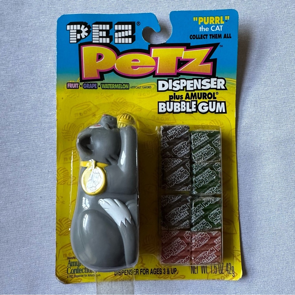 1998 PEZ PETZ “PURRL” THE CAT DISPENSER PLUS AMURAL BUBBLE GUM KIDS TOY